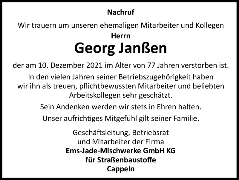  Traueranzeige für Georg Janßen vom 23.12.2021 aus Nordwest-Zeitung