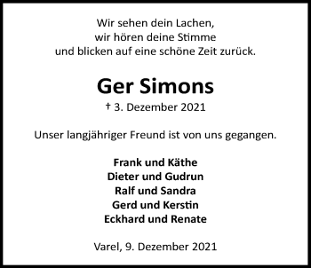 Traueranzeige von Ger Simons von Nordwest-Zeitung