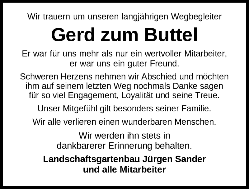  Traueranzeige für Gerd zum Buttel vom 23.12.2021 aus Nordwest-Zeitung