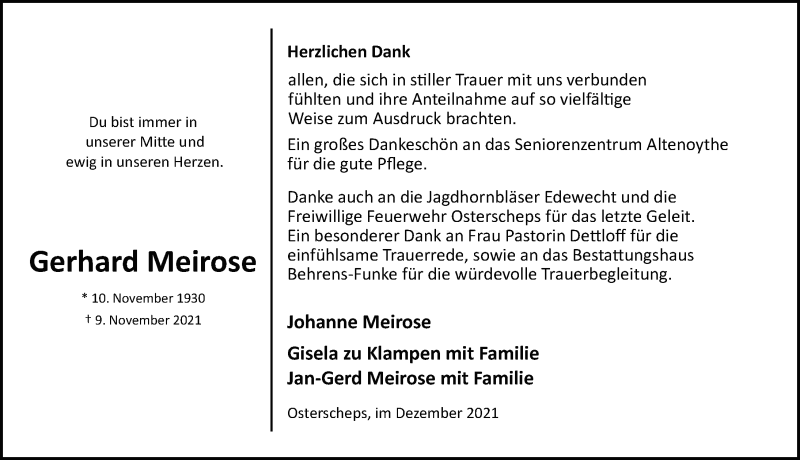  Traueranzeige für Gerhard Meirose vom 31.12.2021 aus Nordwest-Zeitung