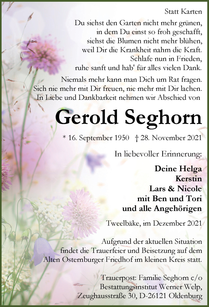  Traueranzeige für Gerold Seghorn vom 04.12.2021 aus Nordwest-Zeitung