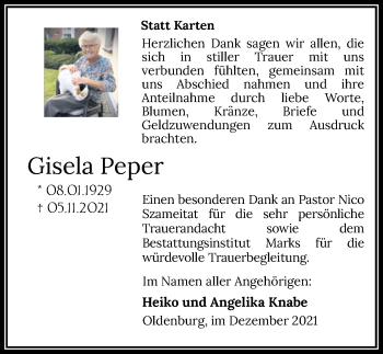 Traueranzeige von Gisela Peper von Nordwest-Zeitung