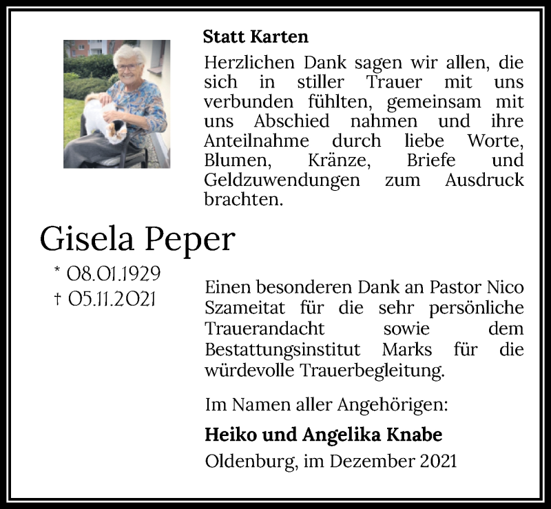  Traueranzeige für Gisela Peper vom 11.12.2021 aus Nordwest-Zeitung