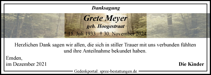  Traueranzeige für Grete Meyer vom 18.12.2021 aus Emder Zeitung