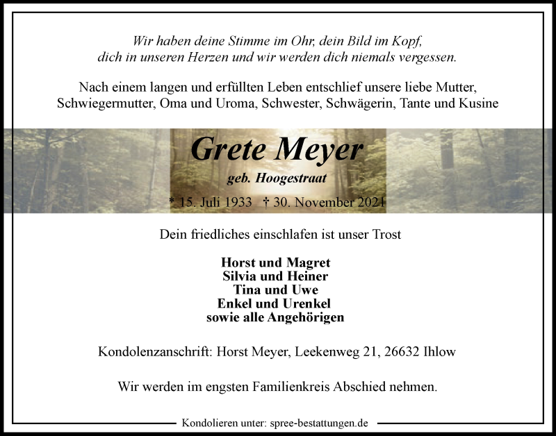  Traueranzeige für Grete Meyer vom 04.12.2021 aus Emder Zeitung