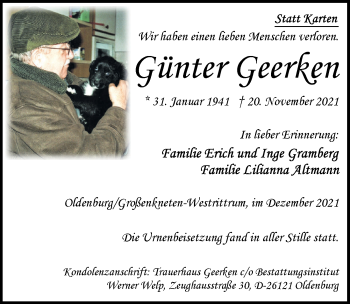 Traueranzeige von Günter Geerken von Nordwest-Zeitung