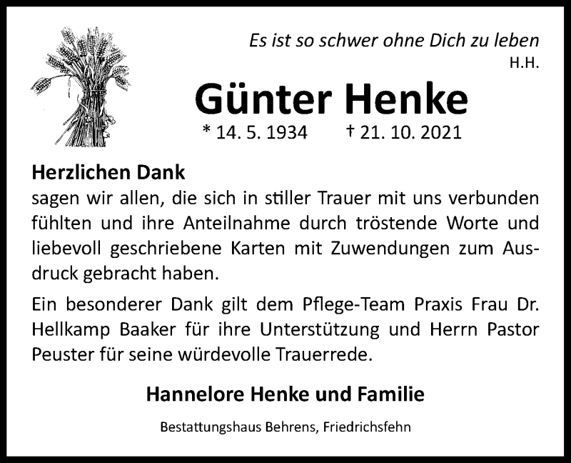 Traueranzeige für Günter Henke vom 03.12.2021 aus Nordwest-Zeitung