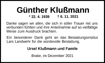Traueranzeige von Günther Klußmann von Nordwest-Zeitung