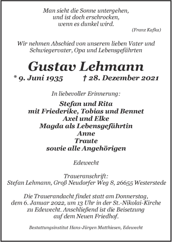 Traueranzeige von Gustav Lehmann von Nordwest-Zeitung
