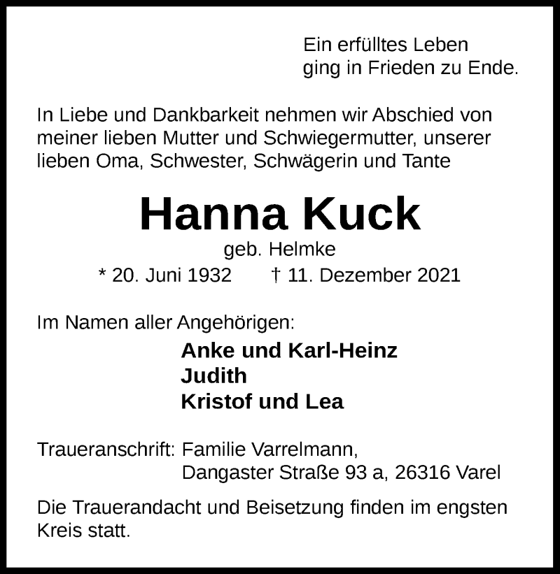  Traueranzeige für Hanna Kuck vom 15.12.2021 aus Nordwest-Zeitung