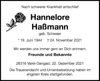 Traueranzeige von Hannelore Haßmann von Nordwest-Zeitung