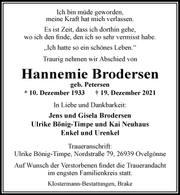 Traueranzeige von Hannemie Brodersen von Nordwest-Zeitung