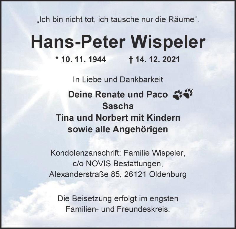  Traueranzeige für Hans-Gerd Wispeler vom 18.12.2021 aus Nordwest-Zeitung