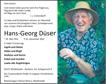 Traueranzeige von Hans-Gerog Düser von Nordwest-Zeitung
