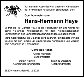 Traueranzeige von Hans-Hermann Haye von Nordwest-Zeitung