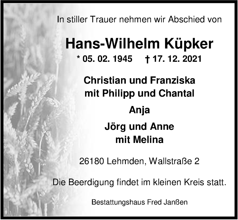  Traueranzeige für Hans-Wilhelm Küpker vom 21.12.2021 aus Nordwest-Zeitung