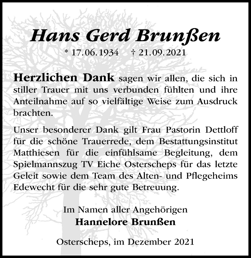  Traueranzeige für Hans Gerd Brunßen vom 18.12.2021 aus Nordwest-Zeitung