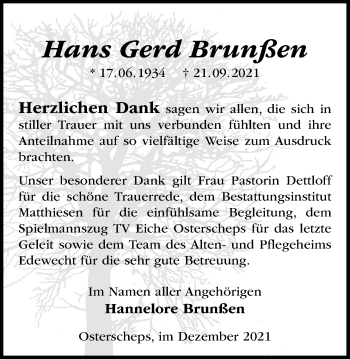 Traueranzeige von Hans Gerd Brunßen von Nordwest-Zeitung