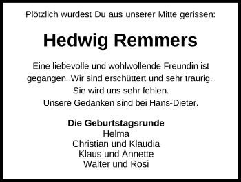 Traueranzeige von Hedwig Remmers von Nordwest-Zeitung