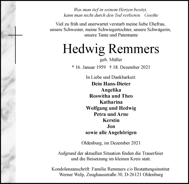  Traueranzeige für Hedwig Remmers vom 24.12.2021 aus Nordwest-Zeitung