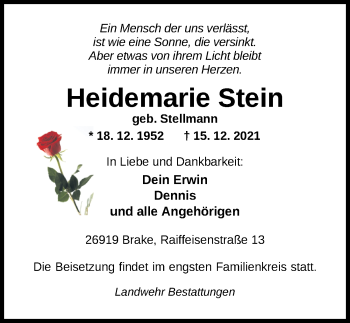 Traueranzeige von Heidemarie Stein von Nordwest-Zeitung