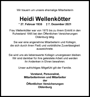 Traueranzeige von Heidi Wellenkötter von Nordwest-Zeitung