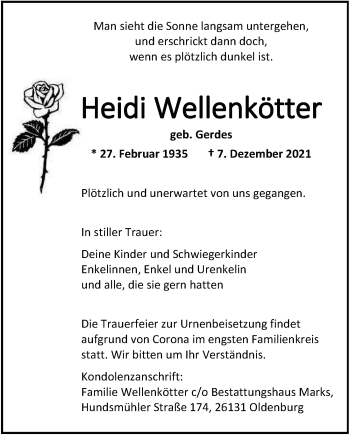 Traueranzeige von Heidi Wellenkötter von Nordwest-Zeitung