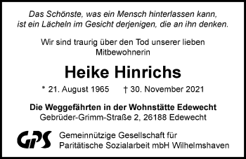 Traueranzeige von Heike Hinrichs von Nordwest-Zeitung