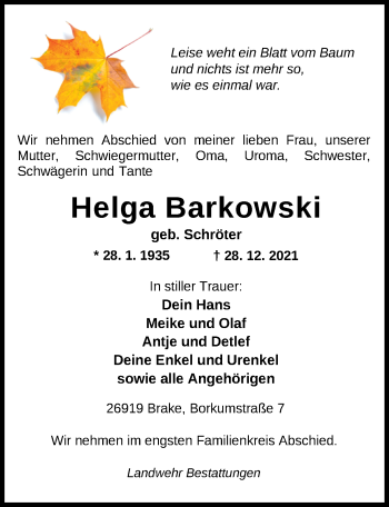 Traueranzeige von Helga Barkowski von Nordwest-Zeitung