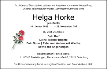 Traueranzeige von Helga Horke von Nordwest-Zeitung