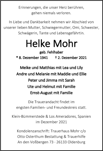 Traueranzeige von Helke Mohr von Nordwest-Zeitung
