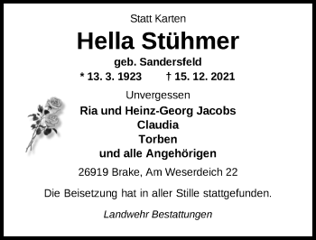 Traueranzeige von Hella Stühmer von Nordwest-Zeitung
