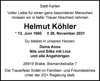 Traueranzeige von Helmut Köhler von Nordwest-Zeitung