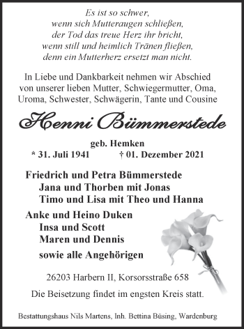 Traueranzeige von Henni Bümmerstede von Nordwest-Zeitung