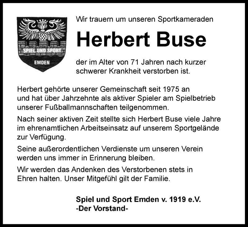  Traueranzeige für Herbert Buse vom 29.12.2021 aus Emder Zeitung