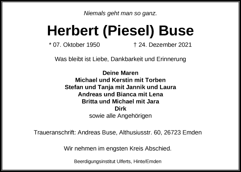  Traueranzeige für Herbert Buse vom 28.12.2021 aus Emder Zeitung
