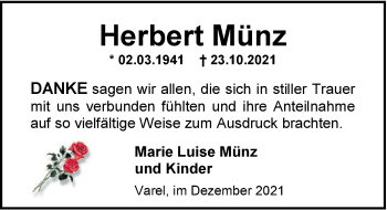Traueranzeige von Herbert Münz von Nordwest-Zeitung