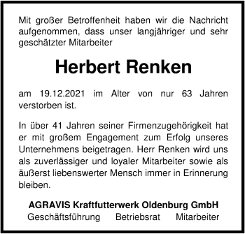 Traueranzeige von Herbert Renken von Nordwest-Zeitung