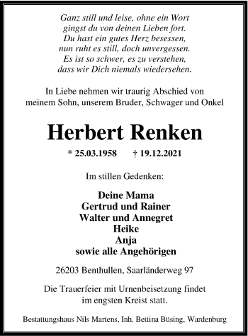 Traueranzeige von Herbert Renken von Nordwest-Zeitung