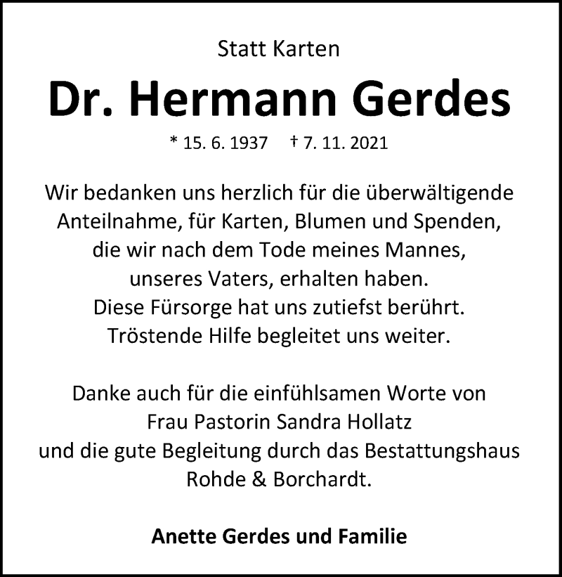  Traueranzeige für Hermann Gerdes vom 10.12.2021 aus Nordwest-Zeitung