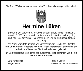 Traueranzeige von Hermine Lüken von Nordwest-Zeitung