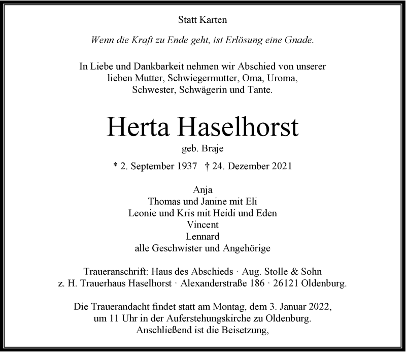  Traueranzeige für Herta Haselhorst vom 29.12.2021 aus Nordwest-Zeitung