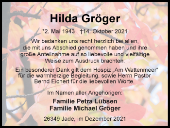Traueranzeige von Hilda Gröger von Nordwest-Zeitung