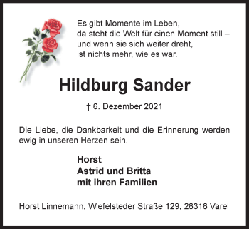 Traueranzeige von Hildburg Sander von Nordwest-Zeitung