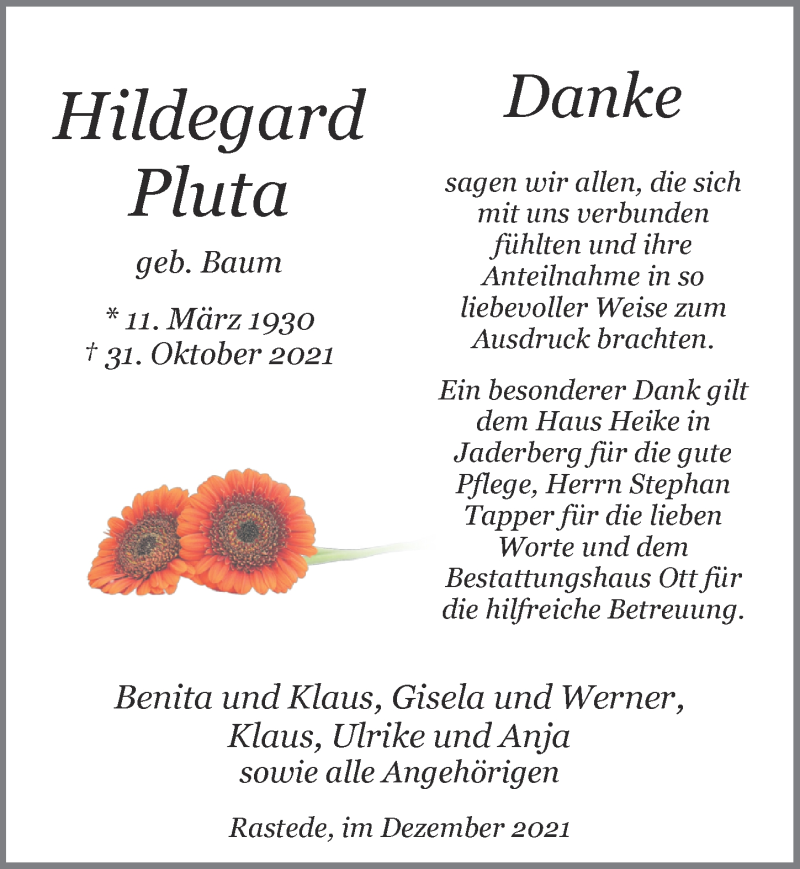  Traueranzeige für Hildegard Pluta vom 18.12.2021 aus Nordwest-Zeitung