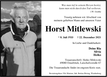 Traueranzeige von Horst Mitlewski von Nordwest-Zeitung