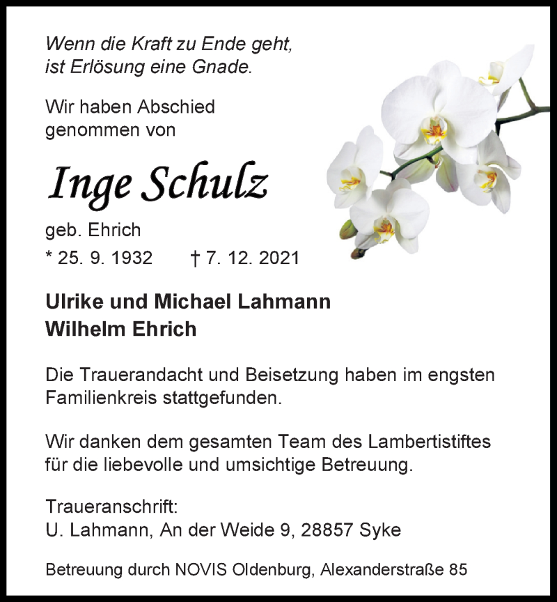  Traueranzeige für Inge Schulz vom 31.12.2021 aus Nordwest-Zeitung