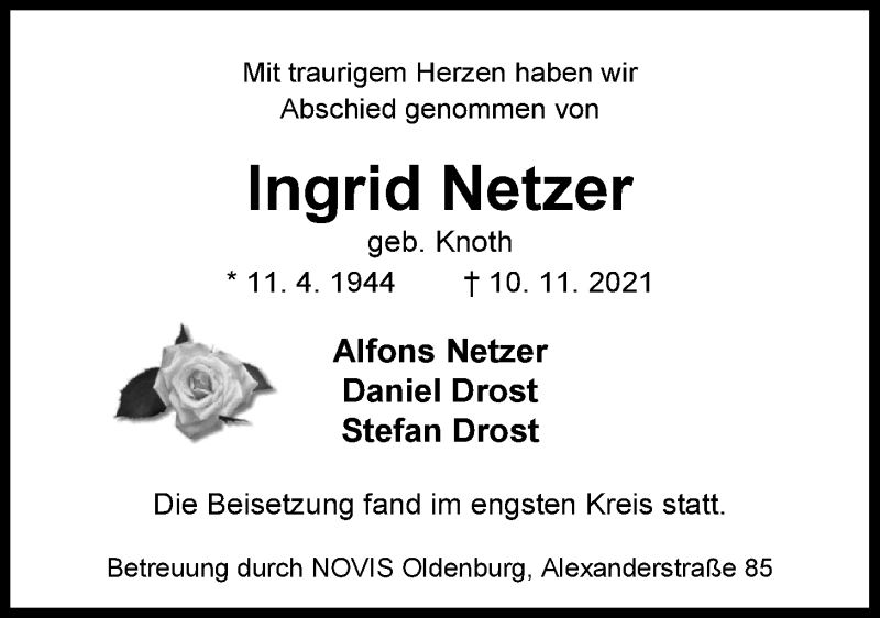  Traueranzeige für Ingrid Netzer vom 18.12.2021 aus Nordwest-Zeitung