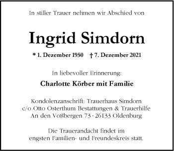 Traueranzeige von Ingrid Simdorn von Nordwest-Zeitung