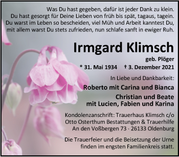 Traueranzeige von Irmgard Klimsch von Nordwest-Zeitung